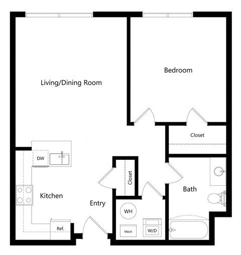 Floor plan for 1 bed, 1 bath, 677 sqft